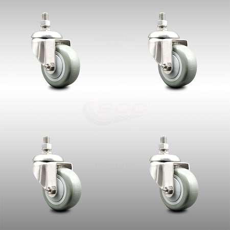 3.5 Inch 316SS Gray Polyurethane Wheel Swivel 10mm Threaded Stem Caster Set